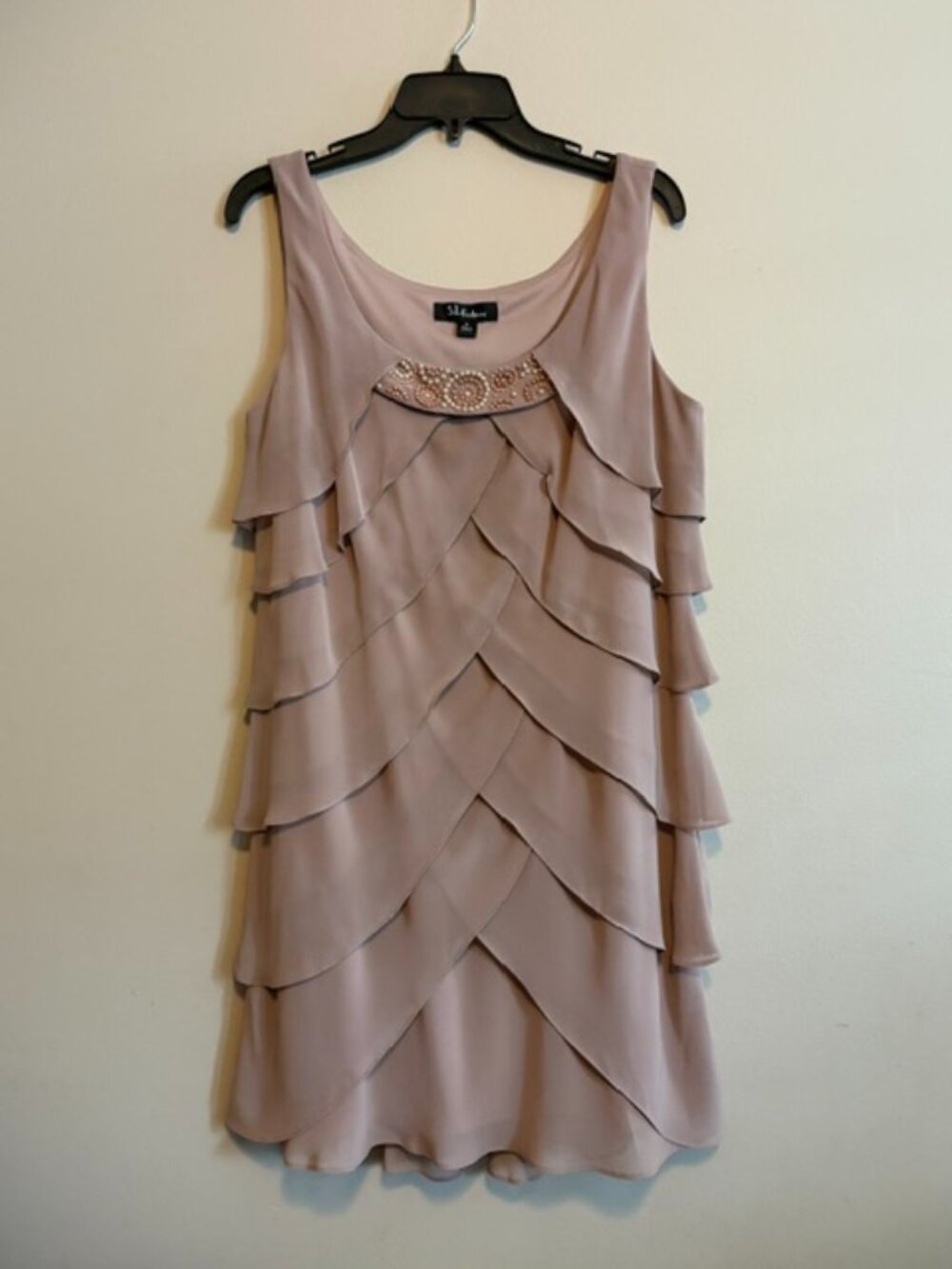 S.L. Fashions Size 14 – Sleeveless Tiered Ruffle Dress with Embellished Neckline